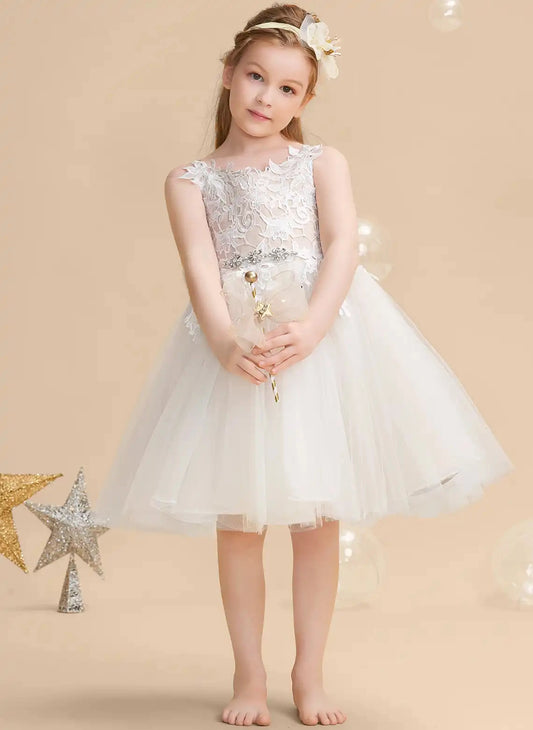 White A-line Square Neck Sleeveless Lace Zipper Back Knee Length Flower Girl Dress