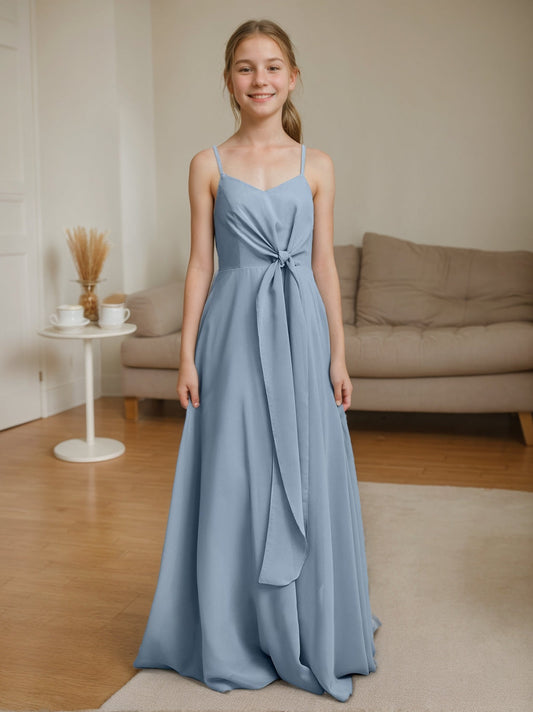 Chic A-Line V-Neck Spaghetti Strap Tie-Back Floor-Length Junior Bridesmaid DressV
