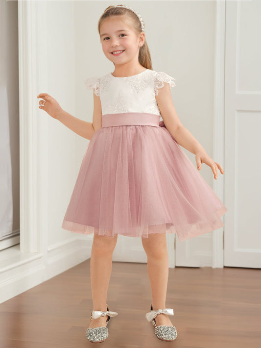 Charming A-Line Lace Round Neck Cap Sleeve Bow Back Flower Girl Dresses