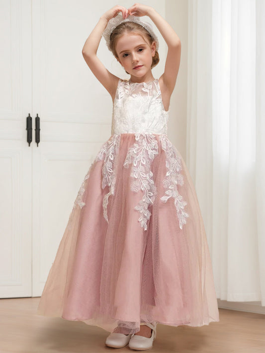 Elegant Tulle A-Line Illusion Neck V-Back Lace Flower Girl Dress