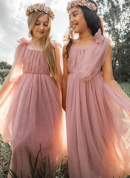 Heowos dusty rose junior bridesmaid dress with shoulder bows and flowing floor-length tulle A-line skirt