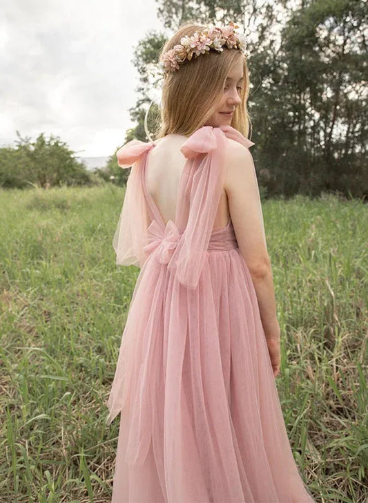 Romantic A-Line Scoop Neck Sleeveless Bow-Back Floor-Length Junior Bridesmaid Dress