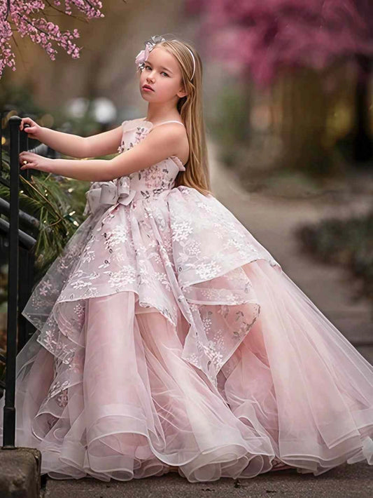Blush Ball Gown Spaghetti Straps Sleeveless Lace?Up Back Floor?Length Flower Girl Dress