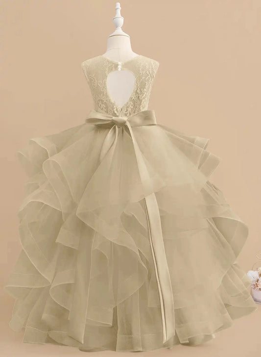 Elegant A-Line Round Neck Sleeveless Heart Cutout Back Long Flower Girl Dress