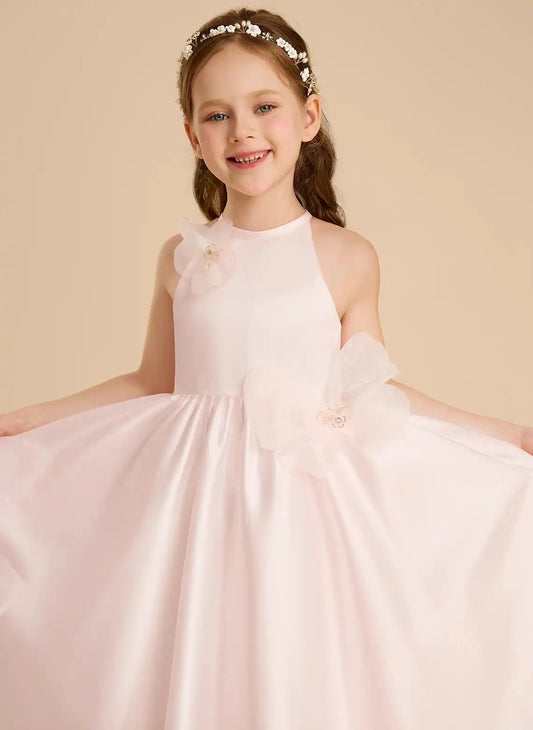Elegant A?Line Halter Sleeveless Keyhole Back Floor?Length Flower Girl Dress