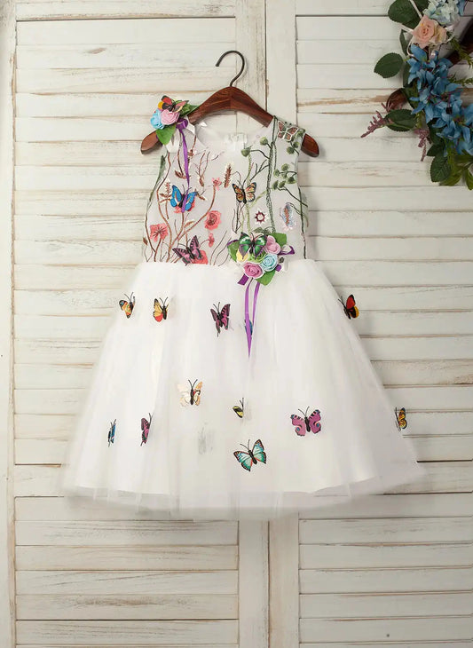 Whimsical A Line Round Neck Sleeveless Floral Back Knee Length Flower Girl Dress
