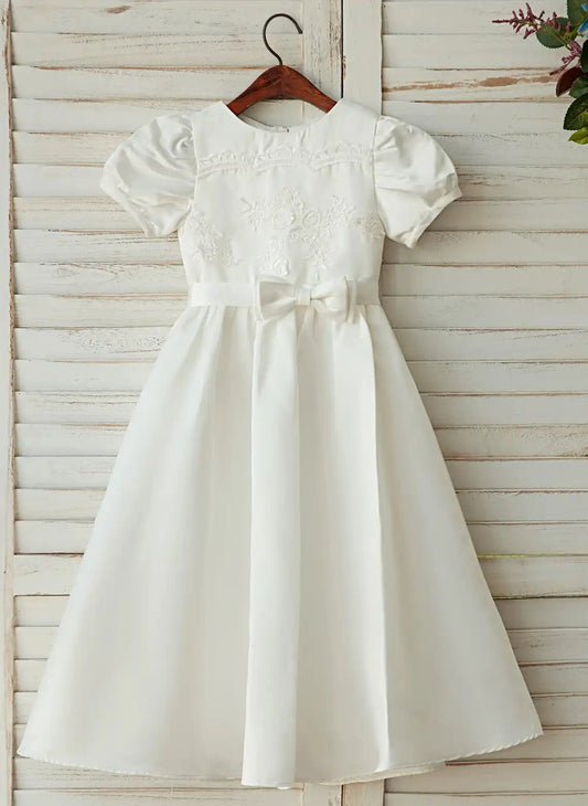 Elegant A?Line Round Neck Puff Short Sleeve Button Back Midi First Communion Dress