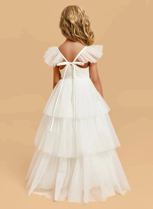 Elegant A Line Square Neck Flutter Sleeve Tie Back Floor Length Flower Girl Dress