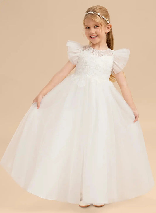 Elegant A?Line Illusion Neck Flutter Sleeve Button Back Floor?Length First Communion Dress