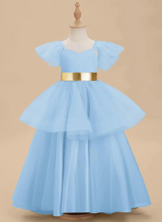 Elegant A Line Sweetheart Flutter Sleeve Bow Back Floor Length Flower Girl Dress