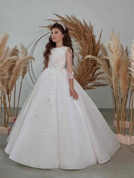 Elegant Ball Gown Round Neck Half Sheer Sleeve V-Back Train Length First Communion Dresses