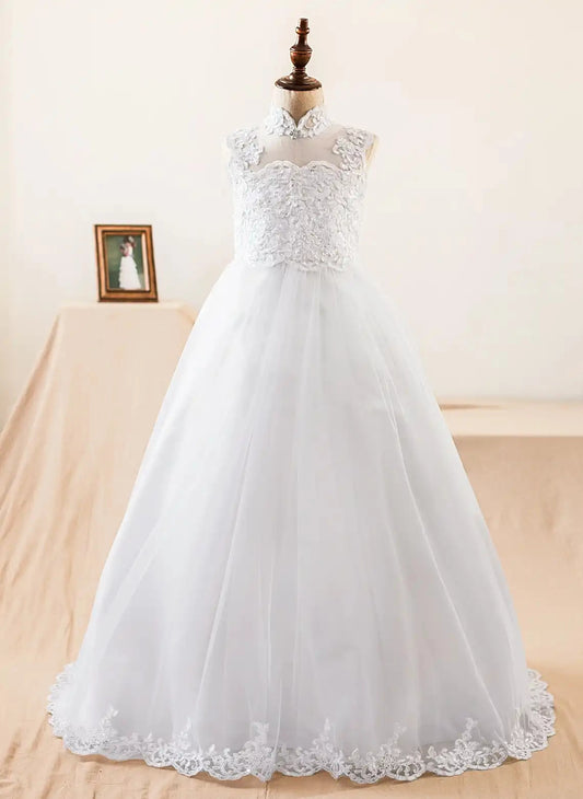 Elegant A?Line High Neck Sleeveless Keyhole Back Train Length First Communion Dress