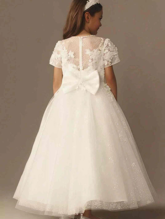 Elegant A?Line Round?Neck Short?Sleeve Illusion?Back Floor?Length First Communion Dress