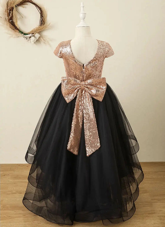 Glamorous A Line Round Neck Short Sleeve V Back High Low Flower Girl Dress