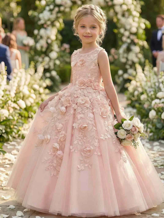Blush Ballgown Round Neck Sleeveless Zipper Back Floor Length Flower Girl Dress