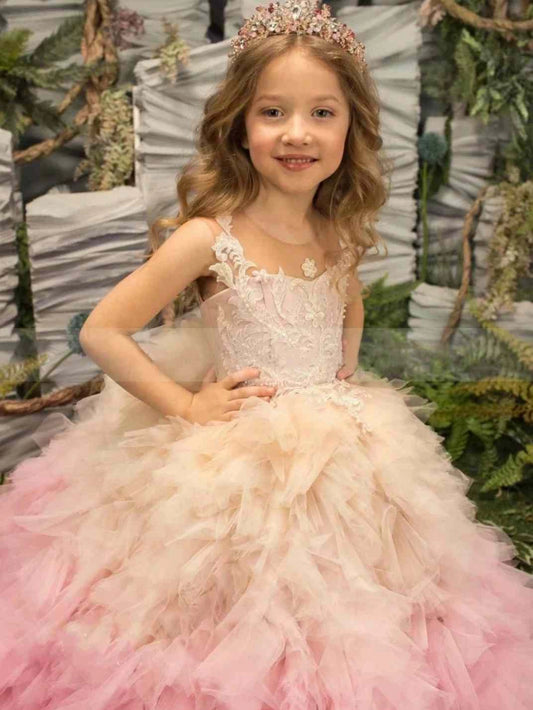 Pink Gradient Ballgown Spaghetti Straps Sleeveless Lace Open Back Train Flower Girl Dress