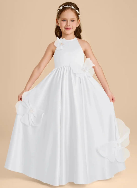 Elegant A?Line Halter Sleeveless Keyhole Back Floor?Length Flower Girl Dress
