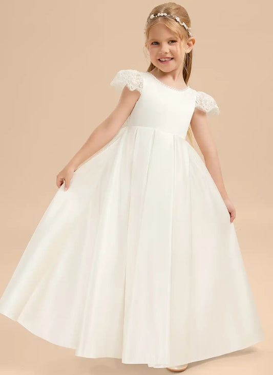 Elegant A Line Round Neck Lace Cap Sleeve V Back Floor Length First Communion Dress