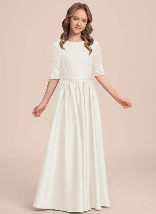 Elegant A?Line Round Neck Elbow Sleeve Zipper Back Floor?Length Junior Bridesmaid Dress  >
