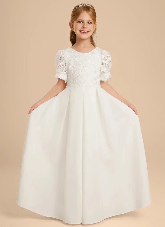 Elegant A?Line Round Neck Puff Short Sleeve V?Back Floor?Length First Communion Dresses