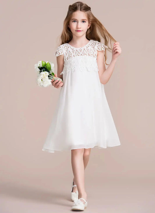 Elegant A Line Round Neck Lace Sleeve Keyhole Knee Length Flower Girl Dress