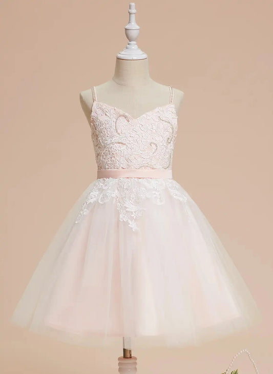 Romantic A Line Sweetheart Spaghetti Strap Zip Back Knee Length Flower Girl Dress