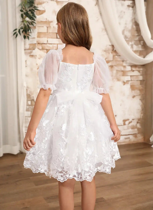 White A?Line Sweetheart Puff Sleeve Zipper?Back Knee?Length First Communion Dress