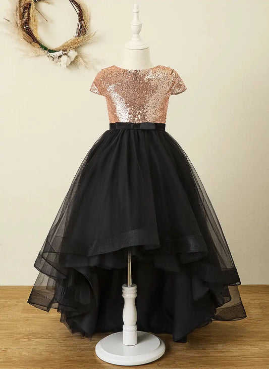 Glamorous A Line Round Neck Short Sleeve V Back High Low Flower Girl Dress