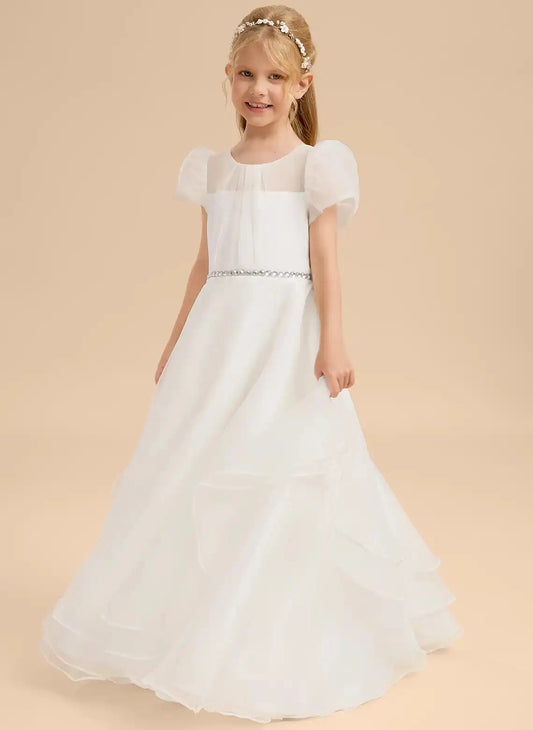 Elegant A?Line Round Neck Puff Short Sleeve Sheer Back Floor?Length Flower Girl Dress