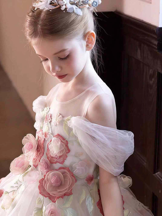 Romantic Ball?Gown Illusion Neck Off?Shoulder Open?Back Floor?Length Flower Girl Dress