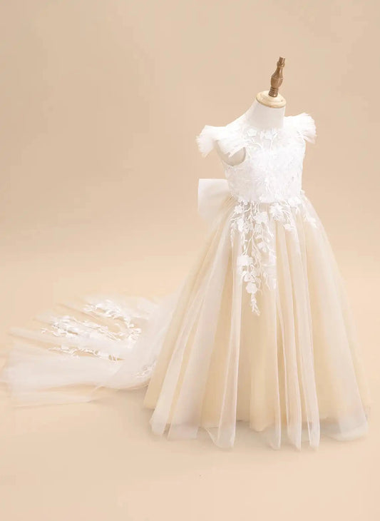 Elegant A-line Round Neck Flutter Sleeve V Back Floor Length Flower Girl Dress