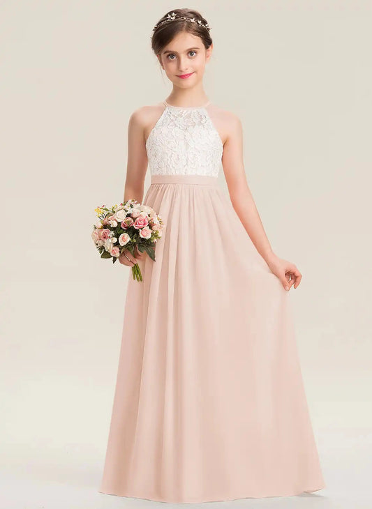 Elegant A-line Halter Sleeveless Keyhole Back Long Flower Girl Dress