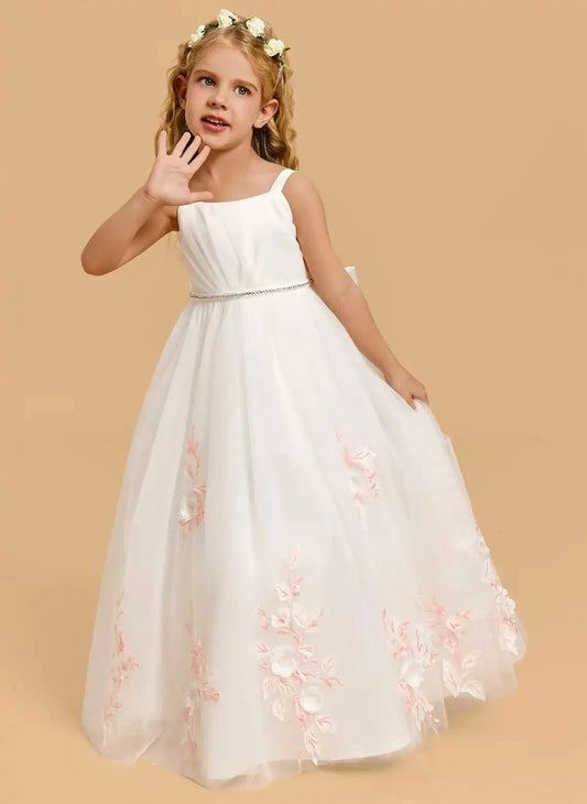 Elegant A Line Square Neck Sleeveless Bow Back Floor Length Flower Girl Dress