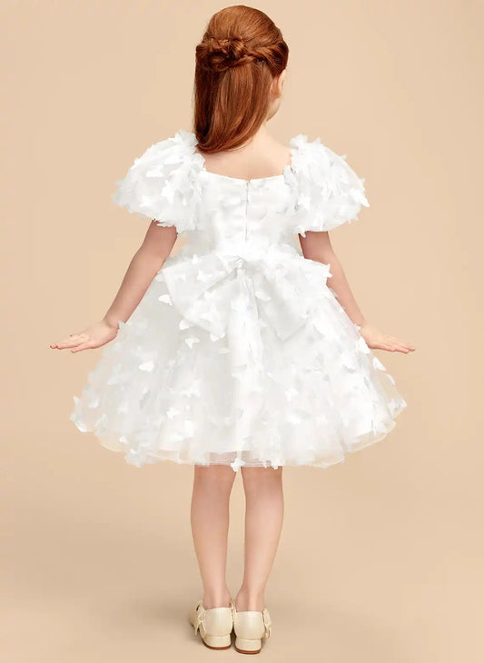 White A?Line Sweetheart Puff Sleeve Zipper Back Knee?Length Flower Girl Dress