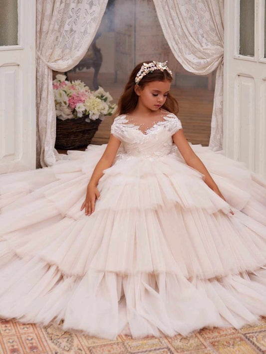 Elegant Ball?Gown Illusion Neck Cap?Sleeve Sheer Back Floor?Length First Communion Dress