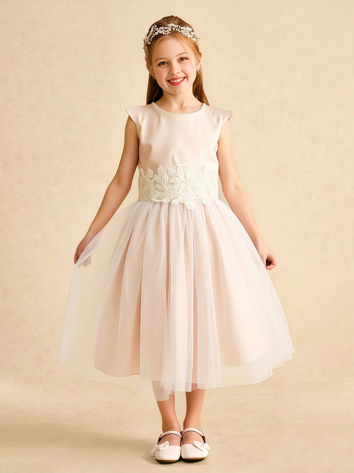 Heowos blush flower girl dress with round neckline, flutter sleeves, floral lace waist, and tea-length tulle skirt