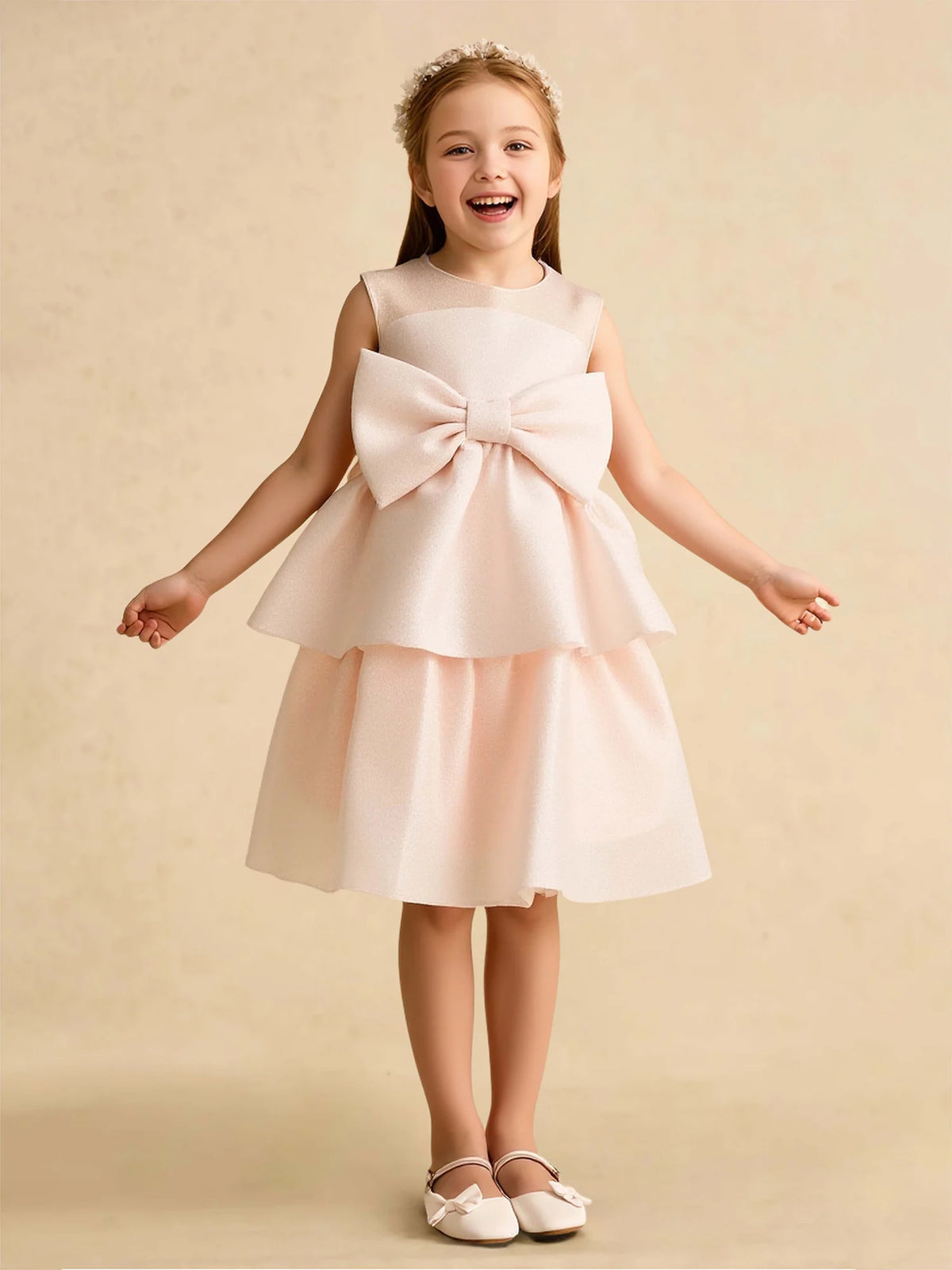 Heowos ivory flower girl dress with illusion neckline, oversized waist bow, and layered A-line skirt