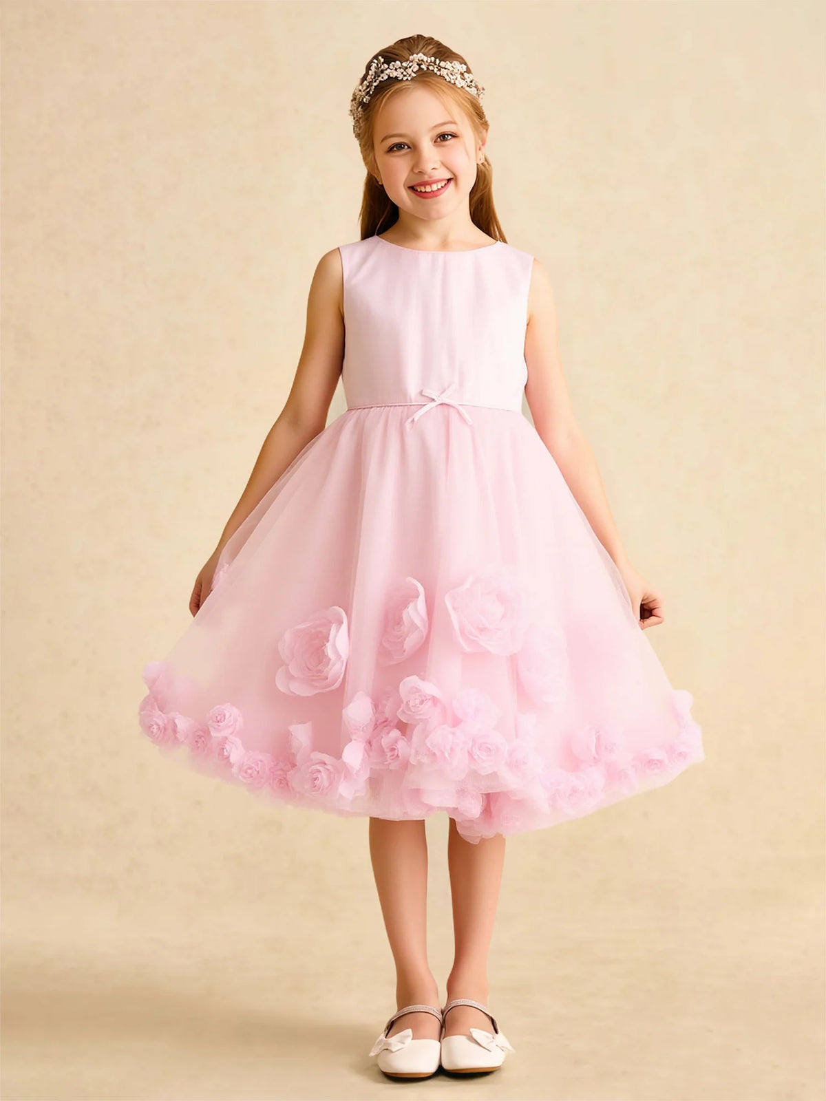 Heowos pink flower girl dress with 3D floral hem and tulle skirt