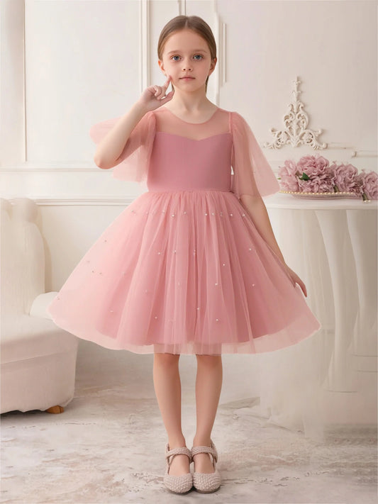 Heowos pink flower girl dress with illusion neckline puff sleeves and tulle skirt