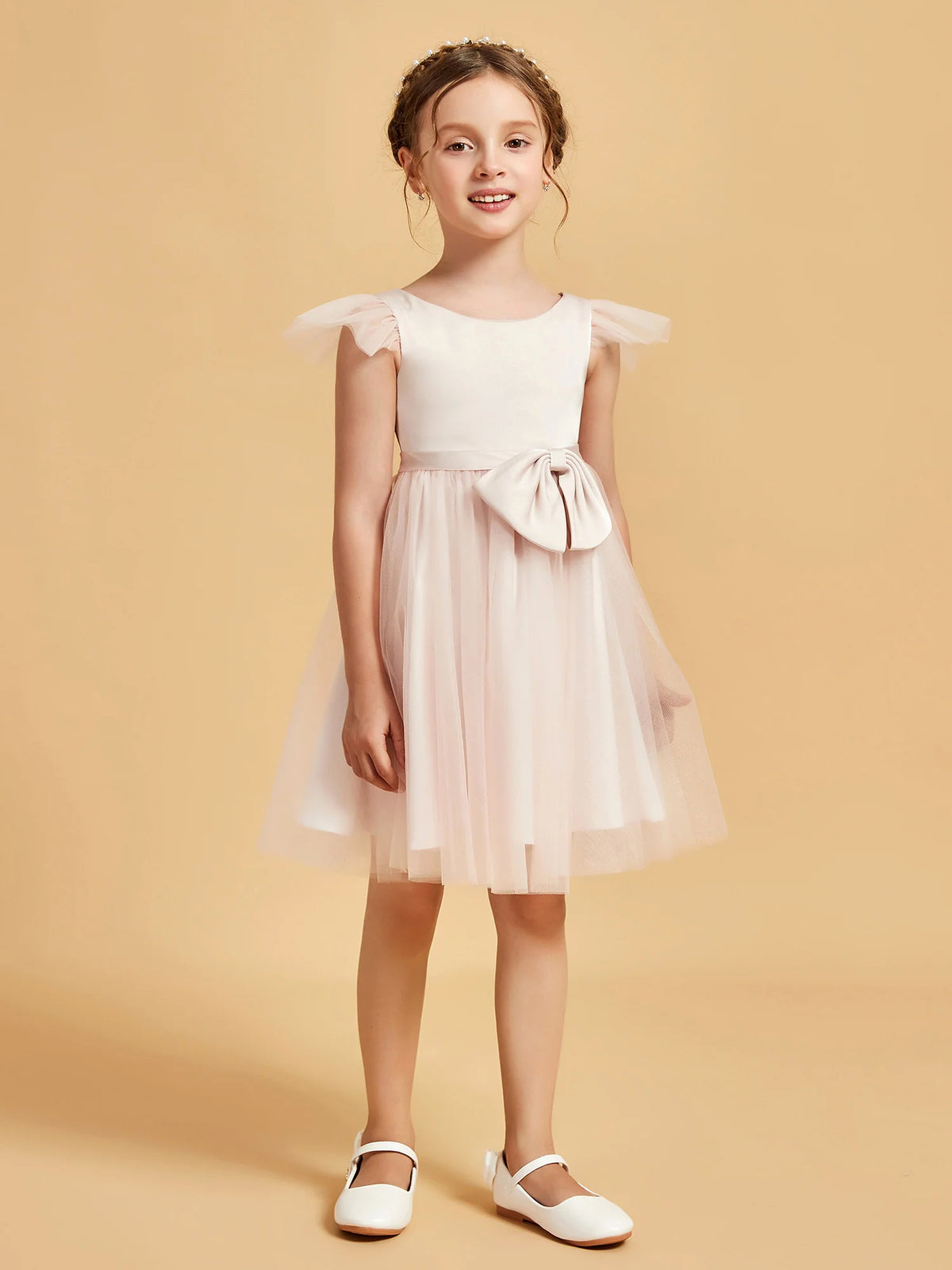 Heowos white girls First Communion dress with flutter sleeves and front bow