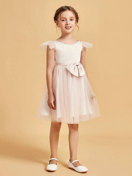 Heowos white girls First Communion dress with flutter sleeves and front bow