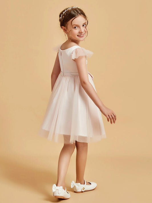Elegant A-Line Round Neck Flutter Sleeve Bow-Front Zipper-Back Knee-Length First Communion Dresses