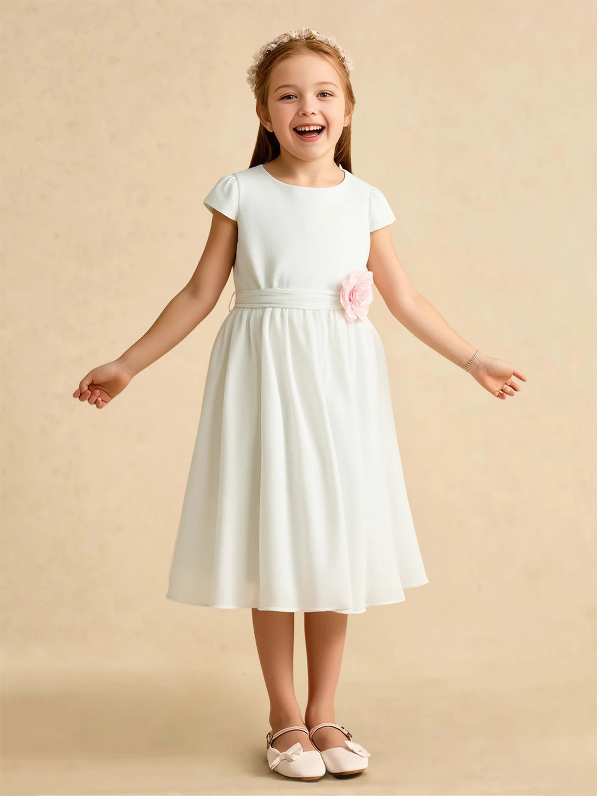 Heowos white flower girl dress with puff sleeves and pink waist flower
