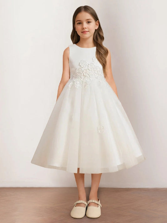 Elegant A?Line Round Neck Sleeveless V?Back Midi Flower Girl Dress