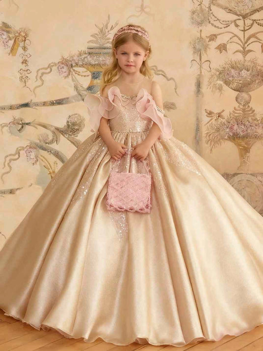 Luxury Ball?Gown Off?Shoulder Illusion Neck Ruffle Sleeve Open?Back Sweep Train Girls Formal Dress