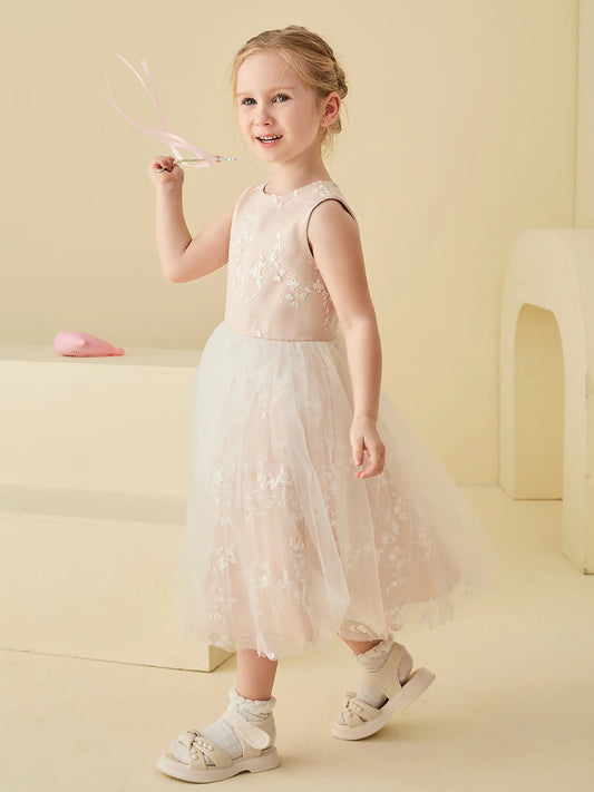Delicate A-Line Round-Neck Sleeveless Keyhole-Back Tea-Length Flower Girl Dresses