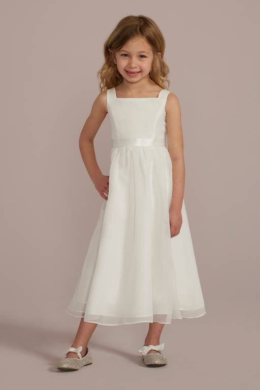 Elegant A-Line Chiffon Square Neck Scoop Back Tea-Length Flower Girl Dress