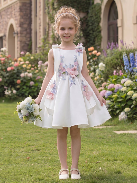 Elegant A-Line Round Neck Sleeveless Lace-Up Back Flower Girl Dress
