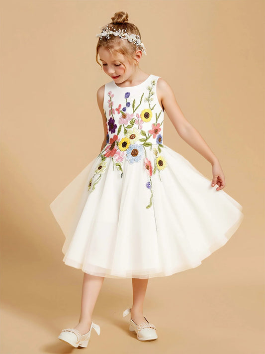 Heowos ivory floral embroidered flower girl dress with round neck sleeveless bodice and A-line skirt