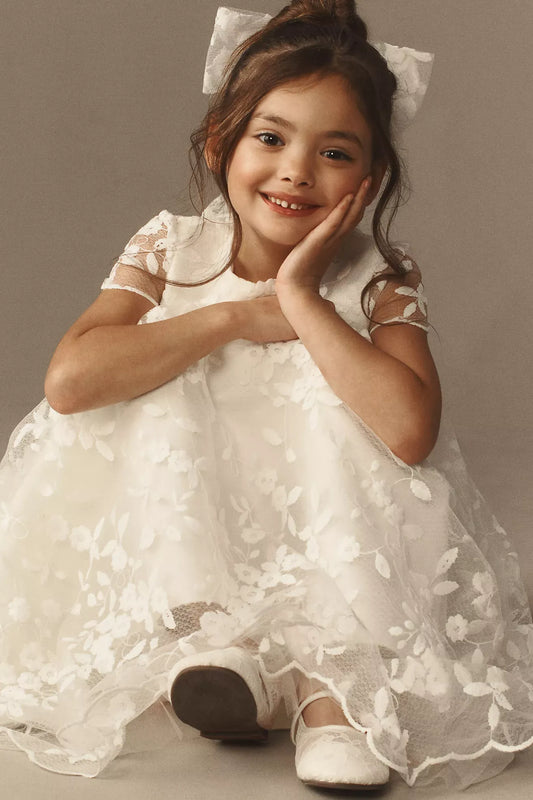 Delicate A-Line Round Neck Short Sleeves Closed-Back Ankle-Length First Communion Dresses